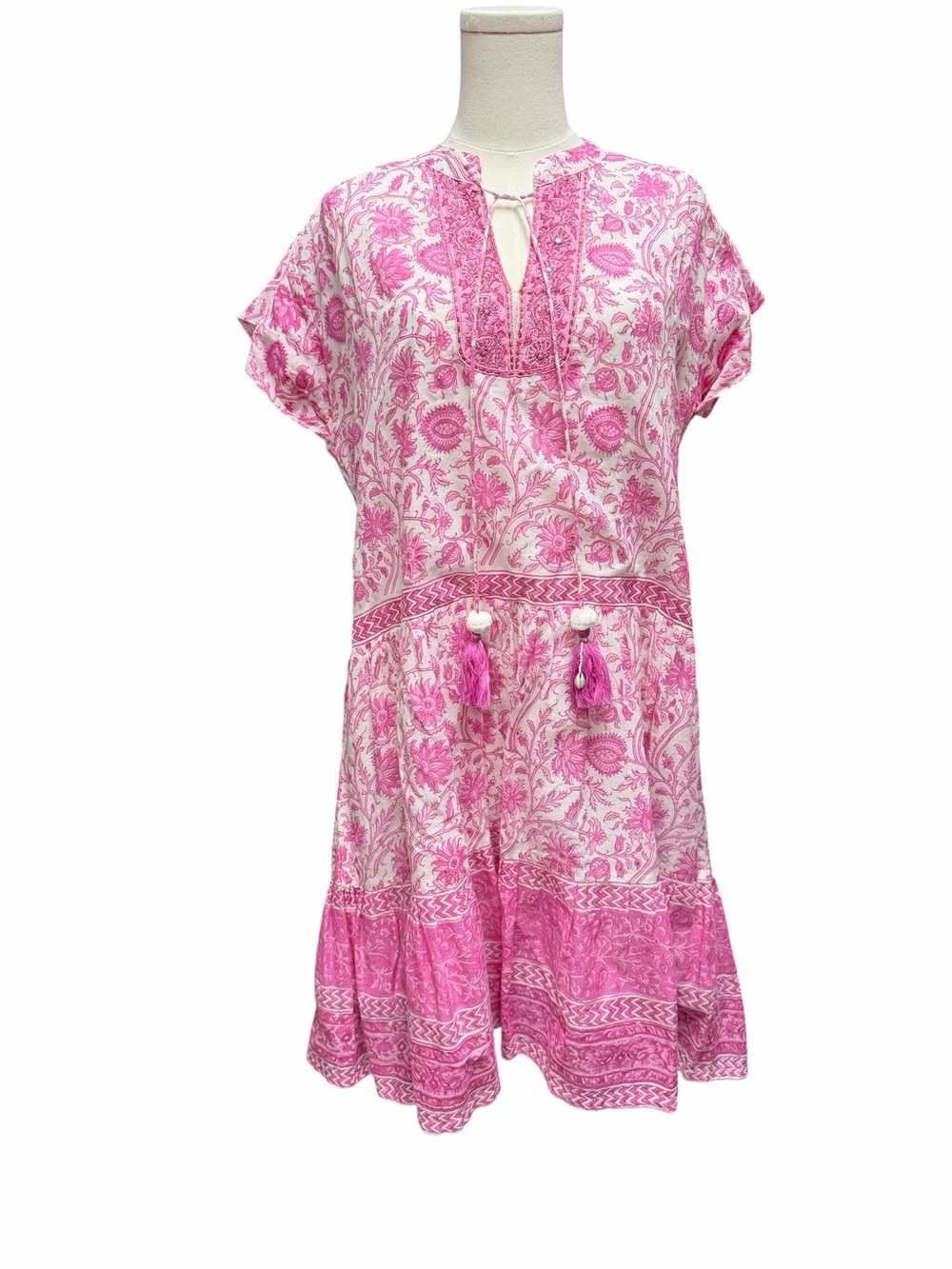 B_1 BELLA TU Boho Floral Embroidered Sleeveless Tiered Dress Pink Cotton